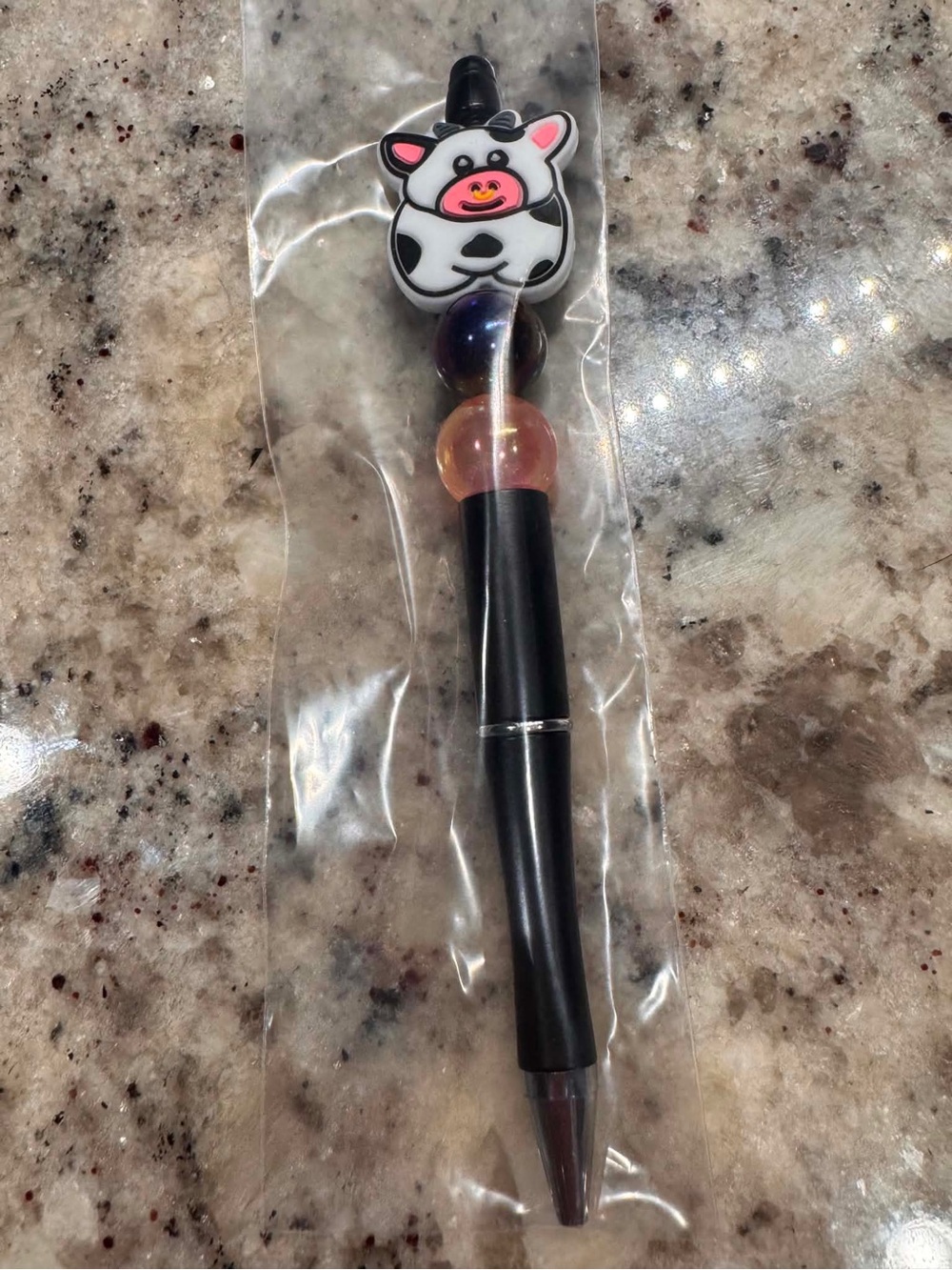Hand Crafted Black Pen with Cow Charm and Purple/Peach Beads